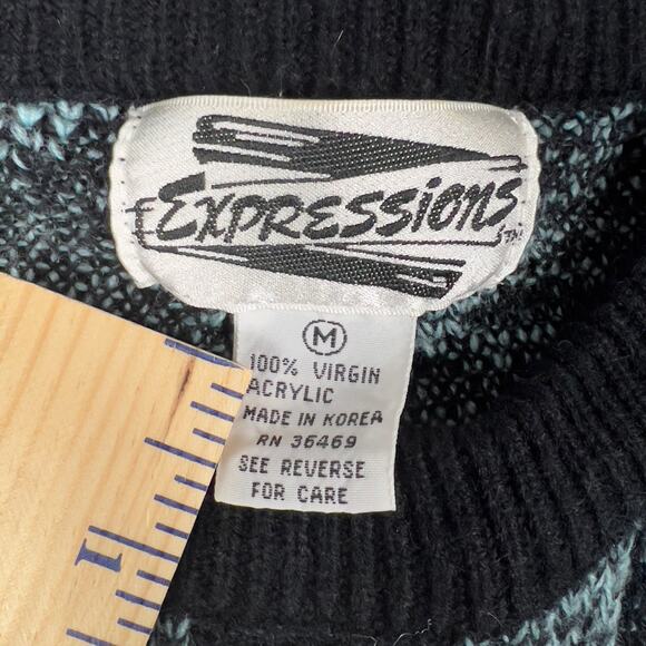 Vintage Geometric Sweater Size M Black Gray Mint Green Expressions Grandpa - Picture 4 of 4